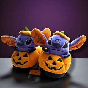 Disney Stitch Halloween Pumpkin Plush Slippers Orange Purple Women's Sz 5-6
